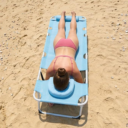 ABORON 3-in-1 Tanning Chair, 5-Position with Face and Arm Holes | 5-position reclining chair includes a removable mat, pillow, face hole and arm slots; folds flat for beach or patio use.