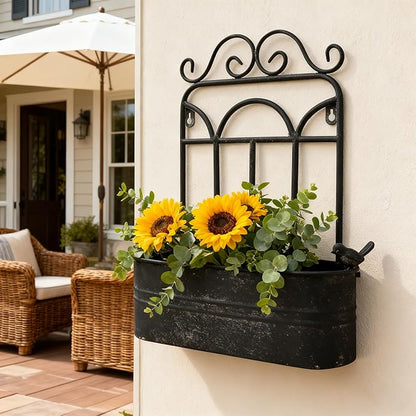 Rustic Metal Wall Planter Country Garden Wall Hanging Mount Vase Pocket Outdoor Vintage Hanging Pot Farmhouse Wall Decor for Plants Flowers (Black) (Black 1)