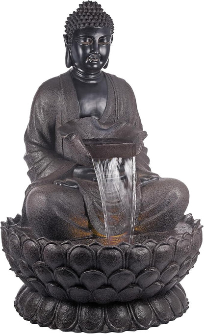 Alpine Corporation WIN1170 53" Outdoor Floor Calming Buddha Statue Waterfall Fountain – Realistic Stone Look, Water Feature for Garden, Patio, Yard, and Outdoor Spaces, Gray