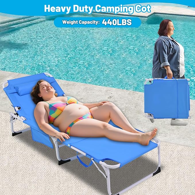 3-in-1 Oversized Sun Tanning Chair with Mat & Face Hole, Heavy Duty Folding Chaise Lounge - 5-Position Adjustable Outdoor Chair for Beach, Pool, Patio, Lawn, Yard - Includes Pillow
