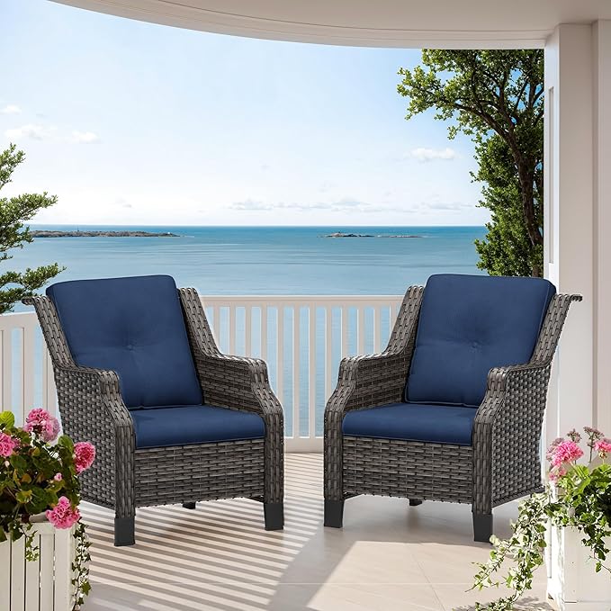 Patio Chairs Set of 2 Rattan Chair Patio Furniture Set with Thick Cushions and All-Weather PE Wicker for Garden, Patio and Porch, Navy