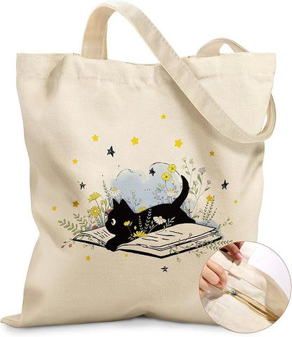 Miss Adola Canvas Tote Bag for Women – Aesthetic Canvas Bag with Zipper Cute Stylish Reusable Shoulder Totes for Shopping Work Daily Vacation, Cat Read