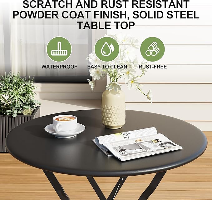 3-Piece Folding Bistro Set, Outdoor Patio Furniture Set with 2 Chairs & 1 Table, Space-Saving Foldable Balcony Garden Set with Heavy-Duty Powder-Coated Steel Frame, No Assembly Required, Black