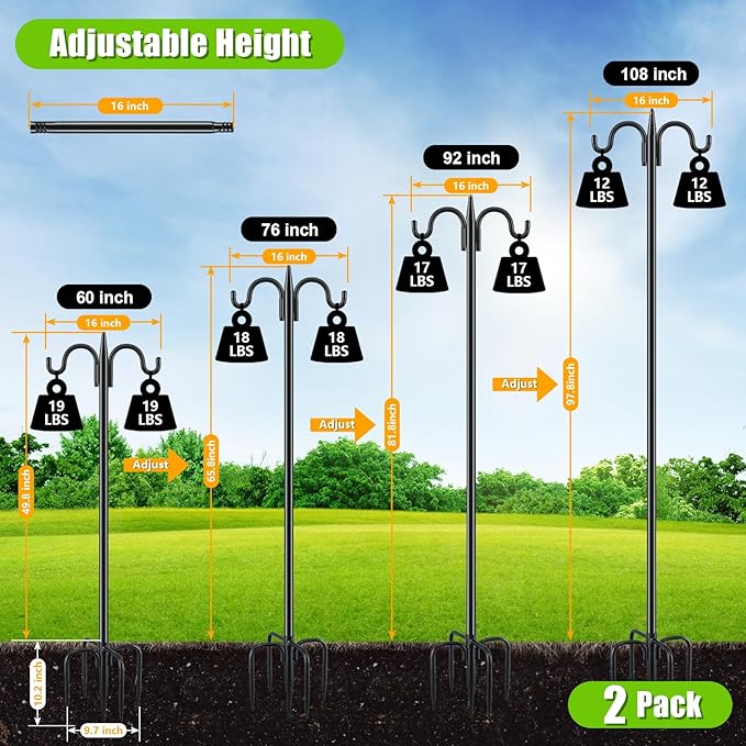 Gtongoko Bird Feeder Pole for Outdoors Heavy Duty, 2 Pack 77 Inch Double Shepherds Hook with 5-Prong Stable Base, 3/4 Inch Thick Hummingbird Feeder Stand for Hanging Plants, Lanterns