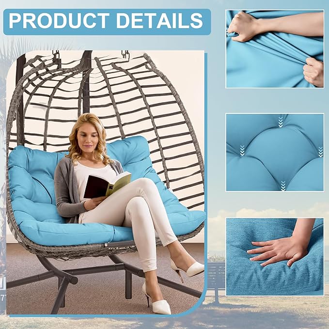 Outdoor Swing Cushions 3 Seater Waterproof, Replacement Bench Cushions for Outdoor Patio Furniture with Backrest, Porch Swing Cushion with Ties for Lawn and Garden (Sky Blue, 40x60in)