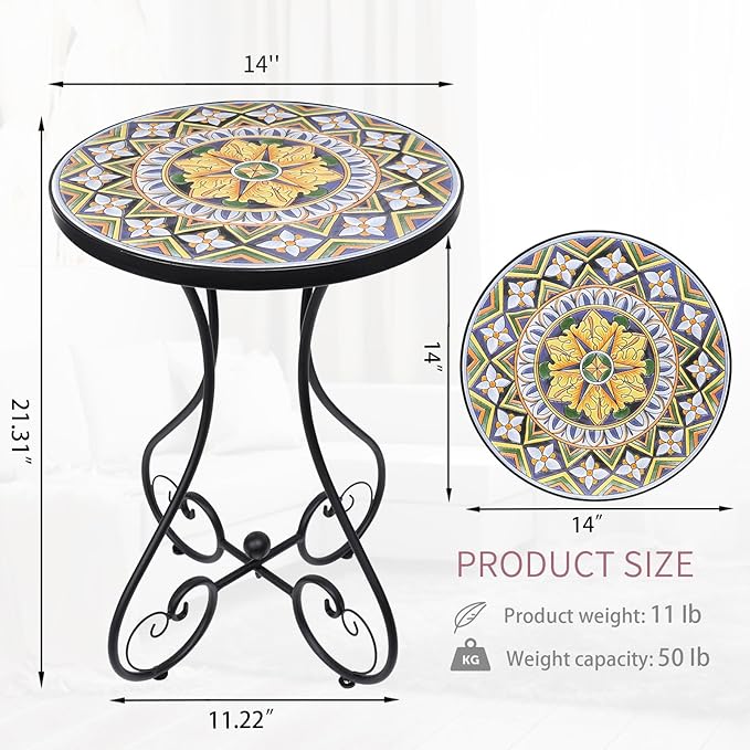 VCUTEKA Outdoor Side Table Mosaic Patio Table Accent Tables Mosaic Tile Top Metal Frame Small End Tables Porch Beach Patio Garden Balcony Yellow