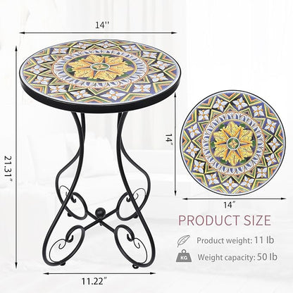 VCUTEKA Outdoor Side Table Mosaic Patio Table Accent Tables Mosaic Tile Top Metal Frame Small End Tables Porch Beach Patio Garden Balcony Yellow