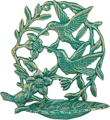 Sungmor Cast Iron Wall Mounted Bird Feeder, Cute Hummingbird Decor Small Water Bath, Wall Hanging Fence Bird Bath Feeder, Beautiful Green Birdfeeder for Garden Backyard Patio Wall Decoration