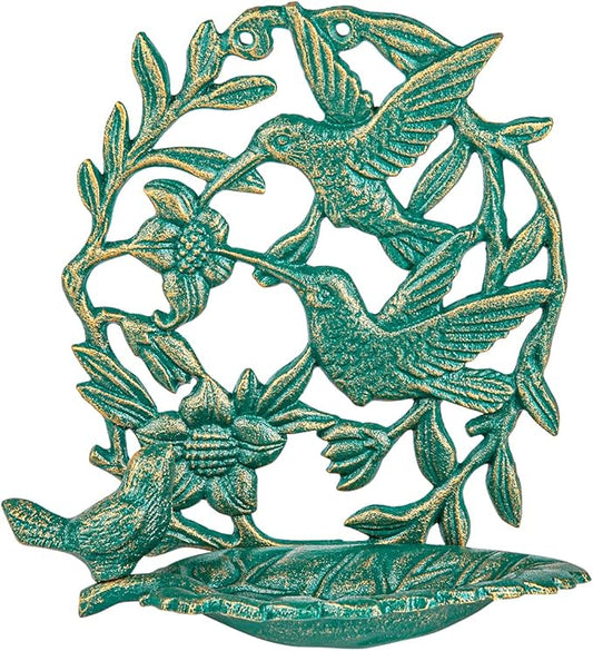 Sungmor Cast Iron Wall Mounted Bird Feeder, Cute Hummingbird Decor Small Water Bath, Wall Hanging Fence Bird Bath Feeder, Beautiful Green Birdfeeder for Garden Backyard Patio Wall Decoration