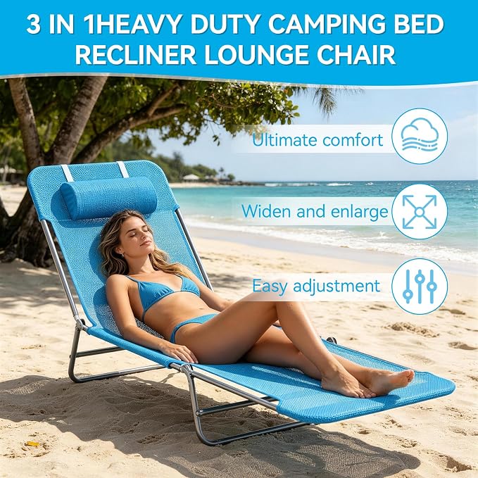 Outdoor Chaise Lounge with Detachable Pillow, Reclining Folding Chair with 5-Position Adjustable Back, Portable Tanning Chair For Beach, Pool, Lawn, Breathable Mesh Seat, No Assembly (Blue 3)