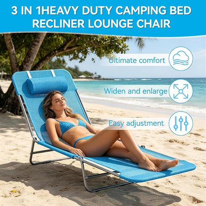 Outdoor Chaise Lounge with Detachable Pillow, Reclining Folding Chair with 5-Position Adjustable Back, Portable Tanning Chair For Beach, Pool, Lawn, Breathable Mesh Seat, No Assembly (Blue 3)