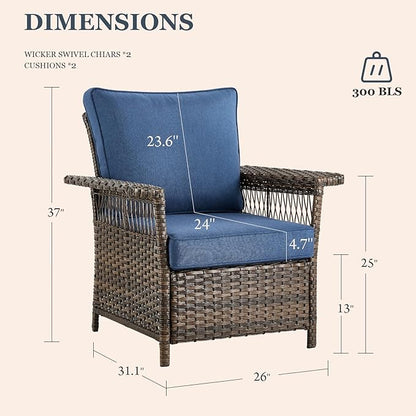 Wicker Patio Furniture Set - 7pcs with Blue Cushions, Rattan Sofa, Ottomans, Coffee & Side Table