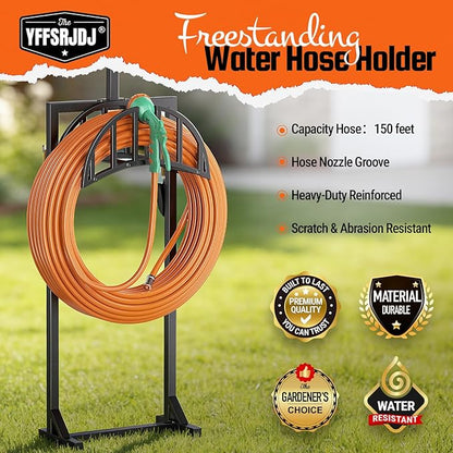 Garden Hose Holder, Water Hose Stand for Outside with 4 Stake and 2 Shepherds Hooks, Freestanding Hose Storage Holds 150Ft, Heavy-Duty Metal Hose Hanger Rack for Yard, Lawn, Farm