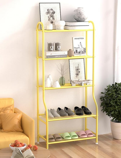 5-Tier Metal Plant Stand - Heavy Duty Indoor Outdoor Flower Shelf for Multiple Pots, 65" Tall Vertical Holder with Adjustable Leveling Feet & Wall-Fixing Kits, Gold