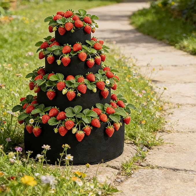 2 PCS 4 Tiered Black Fabric Strawberry Planter 36 28 20 11 inch Strawberry Tower Planter Stackable Planters Strawberry Grow Kit