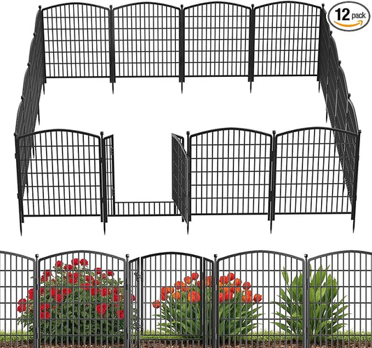 31in(H) x 26ft(L) No Dig Decorative Garden Fence with Gate, 12 Panels Rustproof Animal Barrier Metal Dog Fence Outdoor for Yard, Patio, Temporary Garden Fencing with Ground Stakes