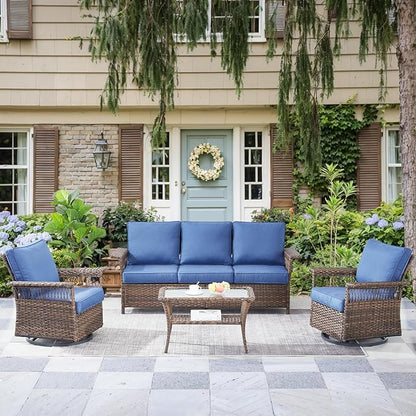 Patio Furniture Set 2 Wicker Swivel Glider Chairs Sofa with PE Rattan Coffee Table Brown Wicker Blue Cushions Patio Conversation Set 4pcs for Garden Balcony Sunroom Backyard