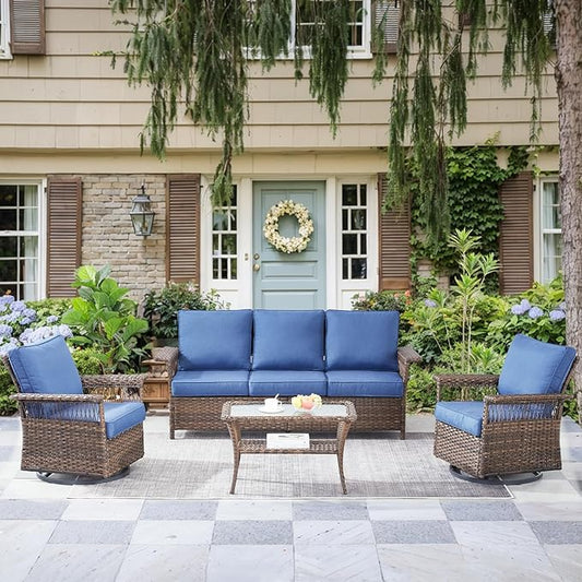 Patio Furniture Set 2 Wicker Swivel Glider Chairs Sofa with PE Rattan Coffee Table Brown Wicker Blue Cushions Patio Conversation Set 4pcs for Garden Balcony Sunroom Backyard