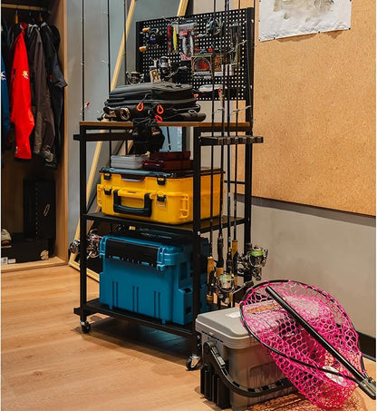 Fishing Rod Holders for Garage 3-Tier, Integrated structure extremely stable, Gear Storage for Up to 12 Rods with Hooks & Wheels, for Rod, Box, Reel Storage (6 hooks 6 reel rack 1 trays 4 wheels)