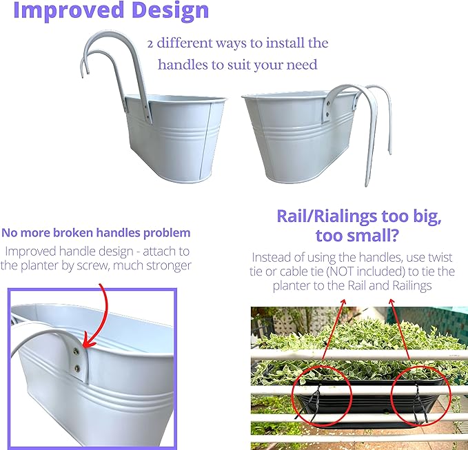 LaLaGreen Rail Planter Outdoor Plants (2 Pack, 9.8 Inch) Small and Cute Metal Iron Hanging Flower Pots Deck Railings White Fence Modern Garden Boho Style Wall Mount Window Box Plant Holder Porch Decor