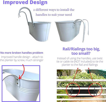 LaLaGreen Rail Planter Outdoor Plants (2 Pack, 9.8 Inch) Small and Cute Metal Iron Hanging Flower Pots Deck Railings White Fence Modern Garden Boho Style Wall Mount Window Box Plant Holder Porch Decor