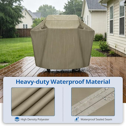 SunPatio Grill Cover 55 Inch for Outdoor Grill, Heavy Duty BBQ Cover with Waterproof Sealed Seam, FadeStop Material, All Weather Resistant Compatible for Weber CharBroil Nexgrill and More, Taupe