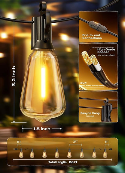 Brightown Outdoor String Lights, 150FT 75+2 LED ST38 LED Patio Lights Shatterproof, Dimmable IP65 Waterproof Connectable Hanging Outdoor Light for Backyard, Porch, Deck, Balcony