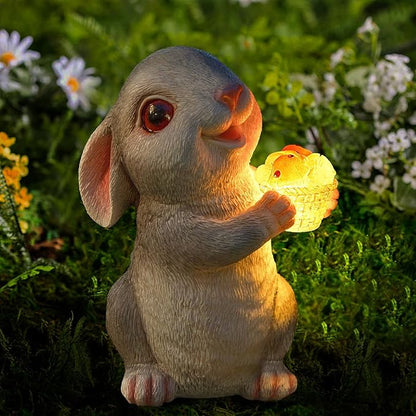 Solar Rabbit Garden Statues Outdoor Bunny Decor Resin Bunny Figurine Holding Mushroom with LED Lights for Porch Patio Lawn Yard Christmas Birthday Housewarming Gardening Gifts for Mom Grandma