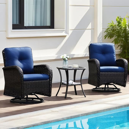 3-Piece PE Wicker Swivel Rocking Patio Chair Set with Cushions & Ripple Glass Table, Luxury All-Weather Outdoor Bistro Set for Modern Deck Balcony Furniture Set