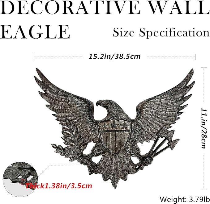 Linton Arts Cast Iron Black Eagle Wall Decor, Outdoor Metal Eagle Statue for Wall Art, Patriotic Decor with Shield, Indoor Outdoor American Wall Hanging【eagles wall decor】