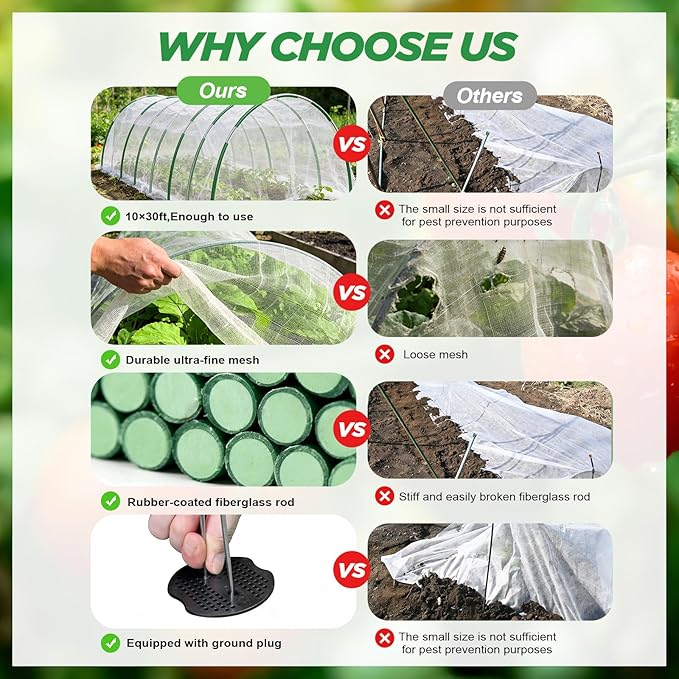 Garden Netting Kit for Raised Beds, Fiberglass Garden Hoops with 10x33FT Ultra Fine Mesh Netting and 24 Clips, Insect Netting for Garden Row Cover Vegetable Flowers Protection Barrier Plant Covers Net
