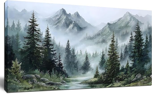 Tarfupth Large Misty Forest Wall Art for Living Room Green Nature Mountain Landscape Canvas Artwork with Trees and River Nature Art for Bedroom Office Home Decor 20x40 Inch