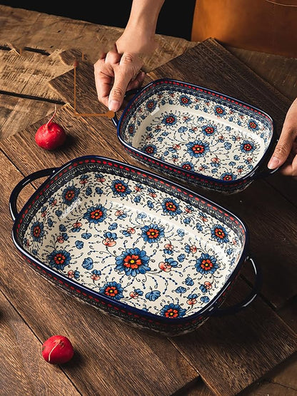 Vintage Style Pottery Bakeware Ceramic Casserole Dish Baking Pan Lasagna Pans Baking Dish with Handles for Oven/Cooking/Kitchen-1 PCS, Large Capacity, 60 OZ