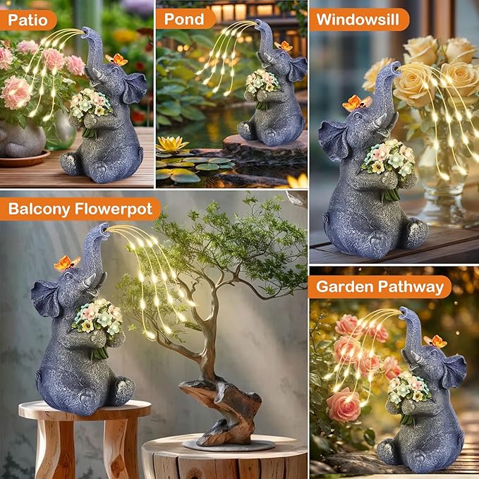 Solar Garden Elephant, Lights Watering Decor, Animal Statue Outdoor, Fairy Garden Accessories,Patio,Yard,Balcony Decorations, Lawn Ornament, Housewarming, Birthday,Mothers Day Mom Gifts