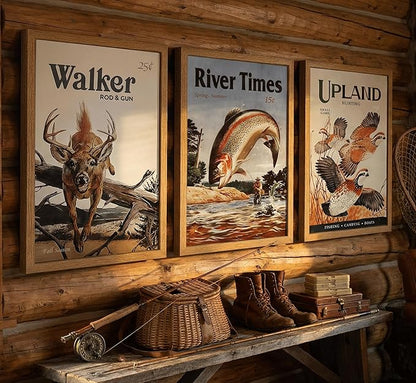 3Pcs Framed Retro Hunting Canvas Wall Art Outdoorsy Wild Animal Wall Decor Pictures Nature Wilderness Deer Wild Duck Fishing Posters Prints Gift Send Hunter Dad for Living Room Bedroom Home Decoration