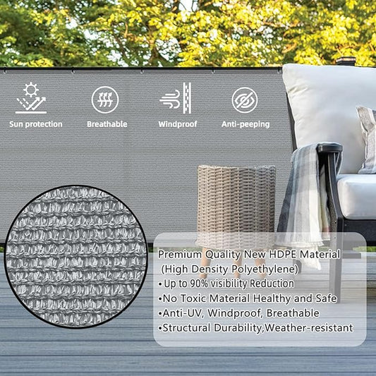 SUNLAX 3'x16' Grey Balcony Privacy Screen Fence Windscreen Cover Fabric Shade Netting Mesh Cloth with Grommets UV Protection for Patio, Backyard, Porch, Railing Shield 90% (We Make Custom Sizes)