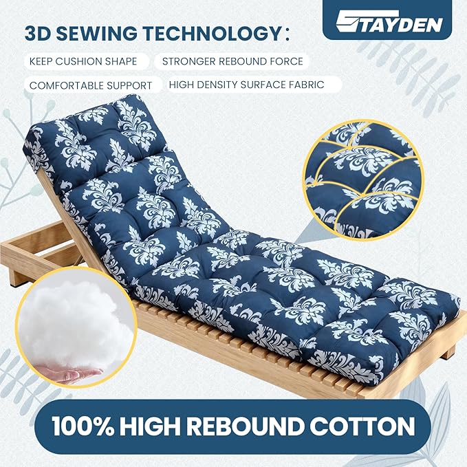 Outdoor Lounge Chair Cushions, Chaise Lounge Chair Cushions Replacement for Patio Furniture with Ties Waterproof Fabric Pool Chasie Cushion 74.4 x 22 x 4.7 Inches Blue and White Flowers