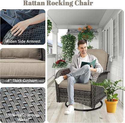 5 Piece Outdoor Patio Furniture Set,Wicker Patio Conversation Set with Swivel Glider Chairs,Wicker Rocking Swivel Chairs Set with Ottomans/Side Coffee Table for Backyard,Deck,Balcony,Khaki