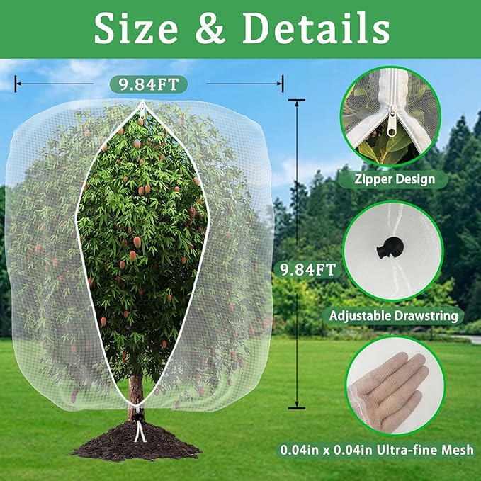 2Pack 9.84FT x9.84FT Insect Netting Bag with Zipper and Drawstring, Garden Bird Barrier Mesh Covers Bags,Fruit Tree Netting for Protecting Blueberry Flowers Bush Plants from Bugs and Other Animals