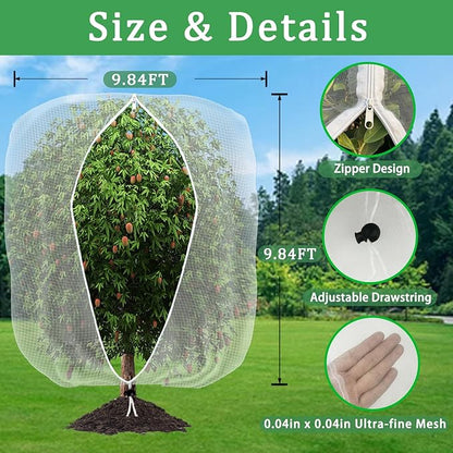 2Pack 9.84FT x9.84FT Insect Netting Bag with Zipper and Drawstring, Garden Bird Barrier Mesh Covers Bags,Fruit Tree Netting for Protecting Blueberry Flowers Bush Plants from Bugs and Other Animals