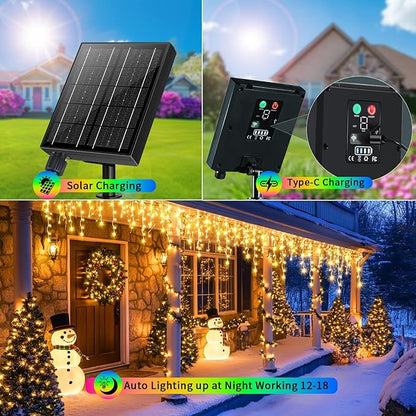 Solar Icicle Lights for Outside 66+16Ft 660LED Christmas Lights Outdoor Decorations Dual Color Changing Connectable Rechargeable Dimmable Remote Twinkle Fairy String Lights for Xmas Eaves House Roof