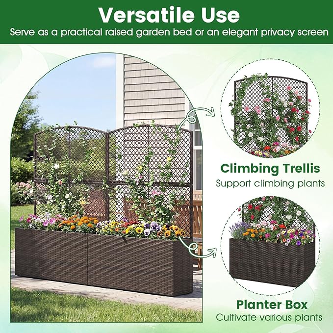 Giantex Raised Garden Bed with Trellis, 58'' Tall PE Rattan Planter Box w/Liner & Drainage, Metal Frame Privacy Screen for Vertical Climbing Plants, Vegetables & Flowers, Patio Balcony Gardening