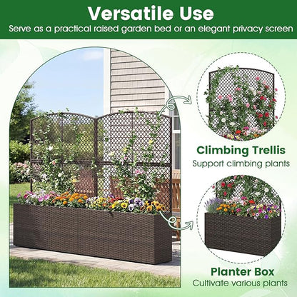 Giantex Raised Garden Bed with Trellis, 58'' Tall PE Rattan Planter Box w/Liner & Drainage, Metal Frame Privacy Screen for Vertical Climbing Plants, Vegetables & Flowers, Patio Balcony Gardening