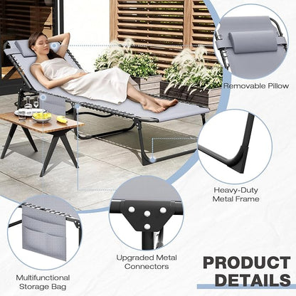 EBE Outdoor Lounge Chair Set of 2, Portable Patio Sun Tanning Chairs with 4-Position Reclining Back, Pool Chaise Lounge Chair with Detachable Pillow and Side Pocket for Beach, Poolside, Grey