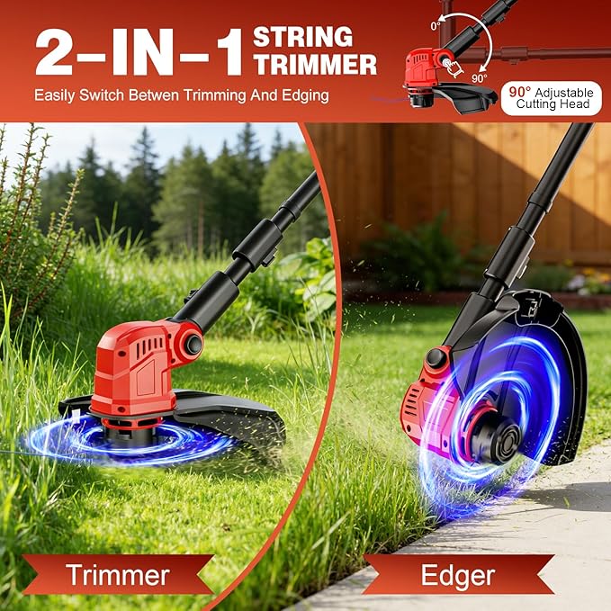 21V Cordless String Trimmer with 2 X 3.0Ah Battery and Charger, Electric Weed Wacker String Trimmer with 14" Cutting Width, Cordless String Trimmer for Lawn, Garden, Yard(8Pcs Spool Line) (Red)