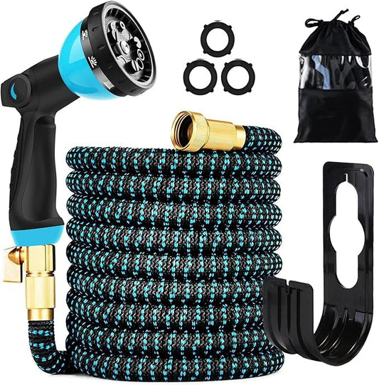 75 ft Expandable Garden Hose - Kink Free Flexible Water Hose with Thumb-Controlled 10-Function Nozzle, 3/4 Solid Connectors, Durable 3750D Fabric, 4-Layer Latex Core