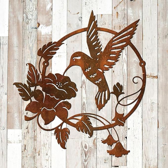 Zoihet Round Metal Bird Wall Art Decor - Hummingbird Wall Art Silhouette for your patio, garden, and fence Art Decor, Bird Wall Silhouette Indoor and Outdoor Hanging (Brown)