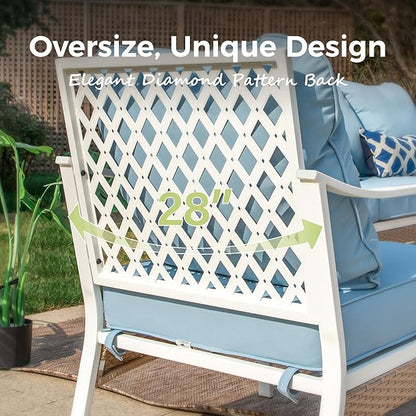 5 Piece Patio Furniture Set, 2 x Fixed Chair, 1 x 2-Seat Sofa, 1 x 3-Seat Sofa with Marbling Coffee Table, All Cushioned 7 Seats Outdoor Conversation Set for Lawn Garden Backyard, Blue