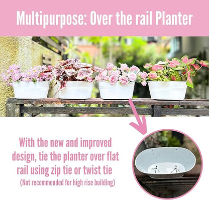 LaLaGreen Outdoor Plants Rail Planter (11.2 Inch, 15 Pack) White Metal Iron Hanging Flower Pots Deck Railings Fence Balcony Modern Boho Style Wall Mount Window Box Plant Holder Hooks Porch Home Decor