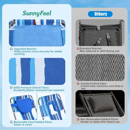 SUNNYFEEL Beach Lounge Chair, Reclining Beach Chairs Lay Flat, Sun Face Down Tanning Chair, Folding Camping Chairs Portable Camp Cot with Straps for Outdoor/Picnic/Lawn